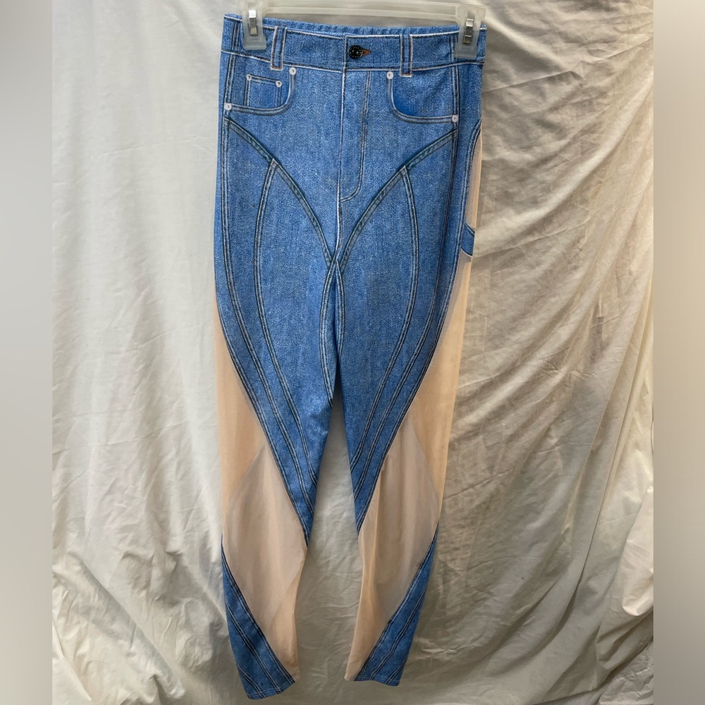 Half heart Blue and sheer Beige Denim Pants ladies sz M